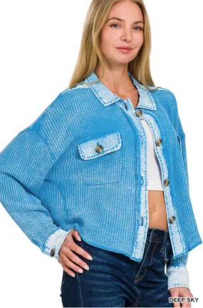 Acid Washed Oversized Waffle Cropped Shacket