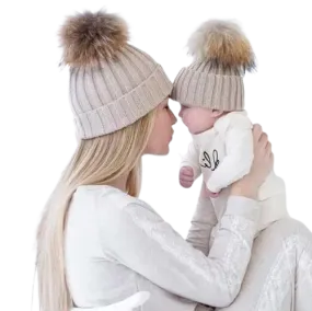 Adult and Kids Faux Fur Pom Pom Creamy tan Color Blank Beanie Hat. Perfect for Hat Patches.