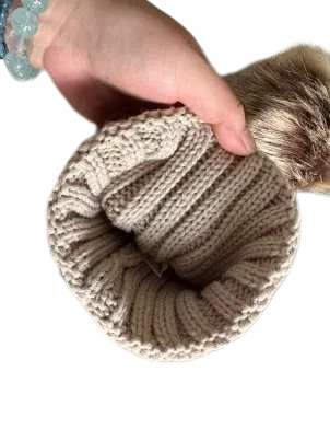 Adult and Kids Faux Fur Pom Pom Creamy tan Color Blank Beanie Hat. Perfect for Hat Patches.