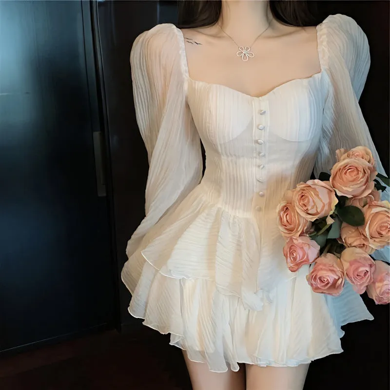 Aiertu leapord halloween outfit French First Love Dress Women's Early Spring Chubby Girl Sweet and Spicy Sexy Waist Slimming White Skirt