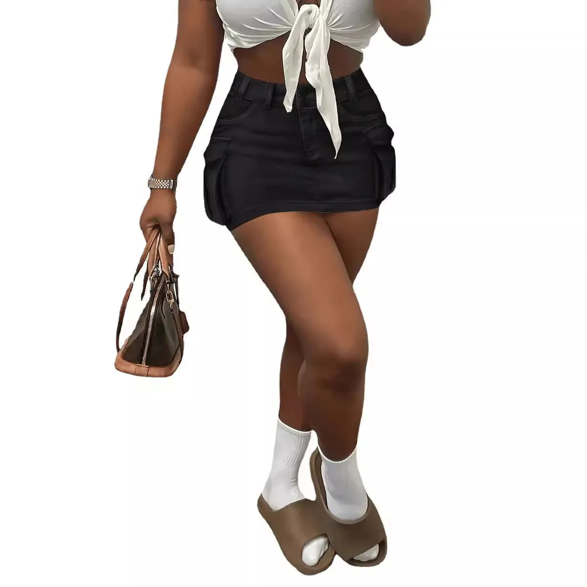 Aiertu leapord halloween outfit INS Internet Celebrity High Waist Slimming Solid Color Sexy Ultra Short Pocket Workwear Skirt