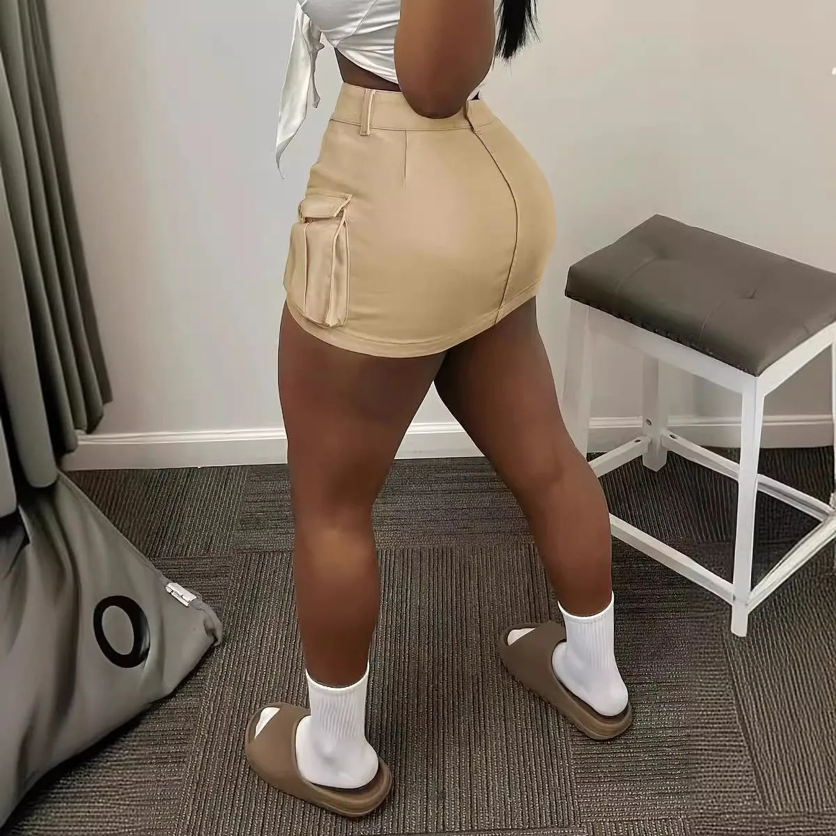 Aiertu leapord halloween outfit INS Internet Celebrity High Waist Slimming Solid Color Sexy Ultra Short Pocket Workwear Skirt