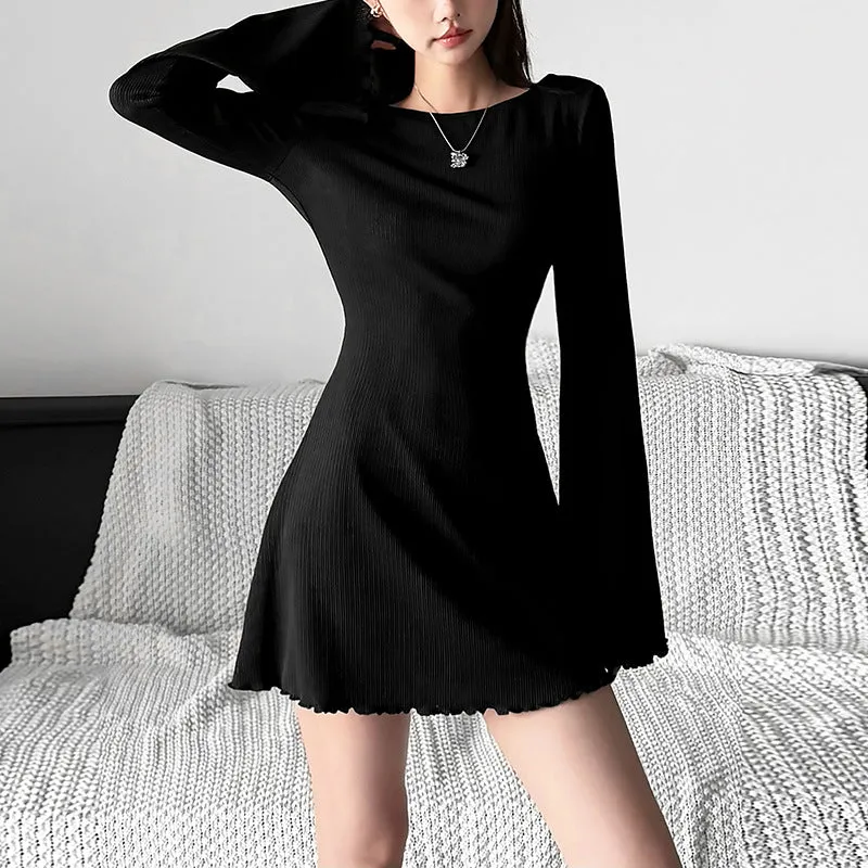 Aiertu leapord halloween outfit Style Autumn Women's Clothing Solid Color Slim High Waist Fashion round Neck Long Sleeve Backless Dress