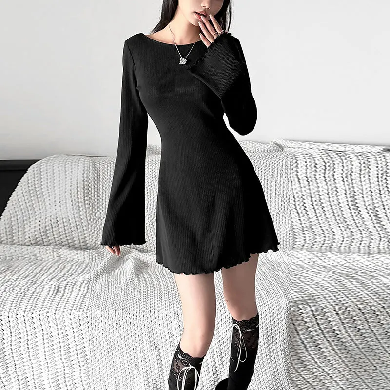 Aiertu leapord halloween outfit Style Autumn Women's Clothing Solid Color Slim High Waist Fashion round Neck Long Sleeve Backless Dress