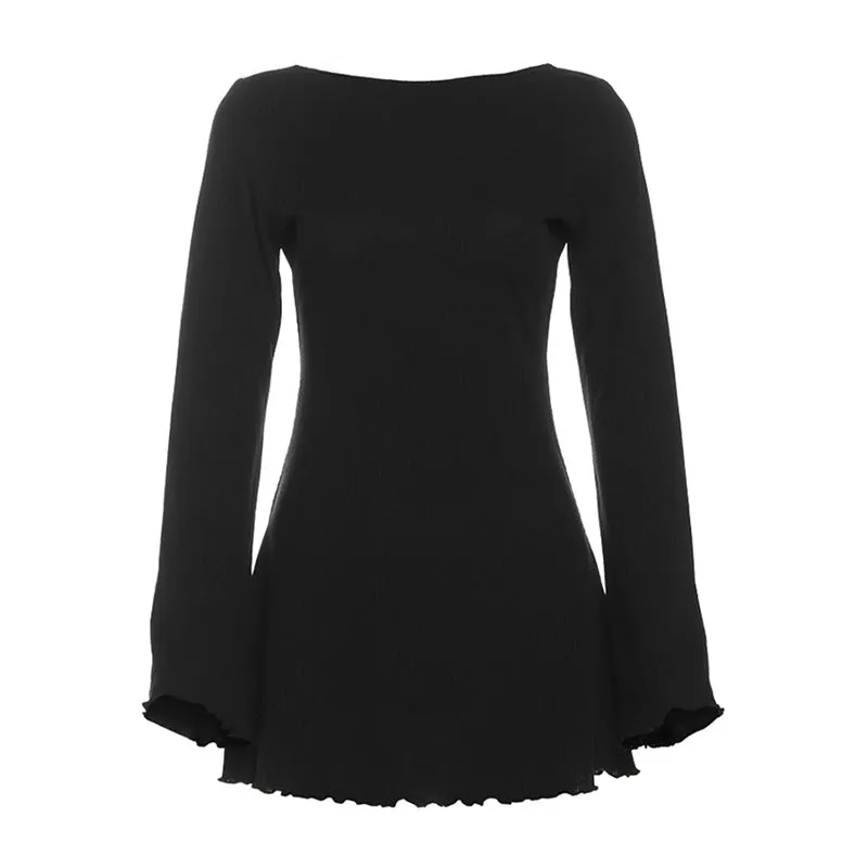 Aiertu leapord halloween outfit Style Autumn Women's Clothing Solid Color Slim High Waist Fashion round Neck Long Sleeve Backless Dress