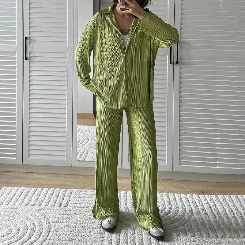 Amozae casual summer outfits Autumn New Shirt Lapel Pleated Suit Pants High Waist Casual Comfortable Suit