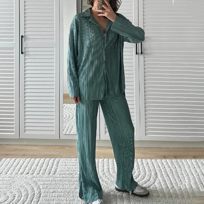 Amozae casual summer outfits Autumn New Shirt Lapel Pleated Suit Pants High Waist Casual Comfortable Suit