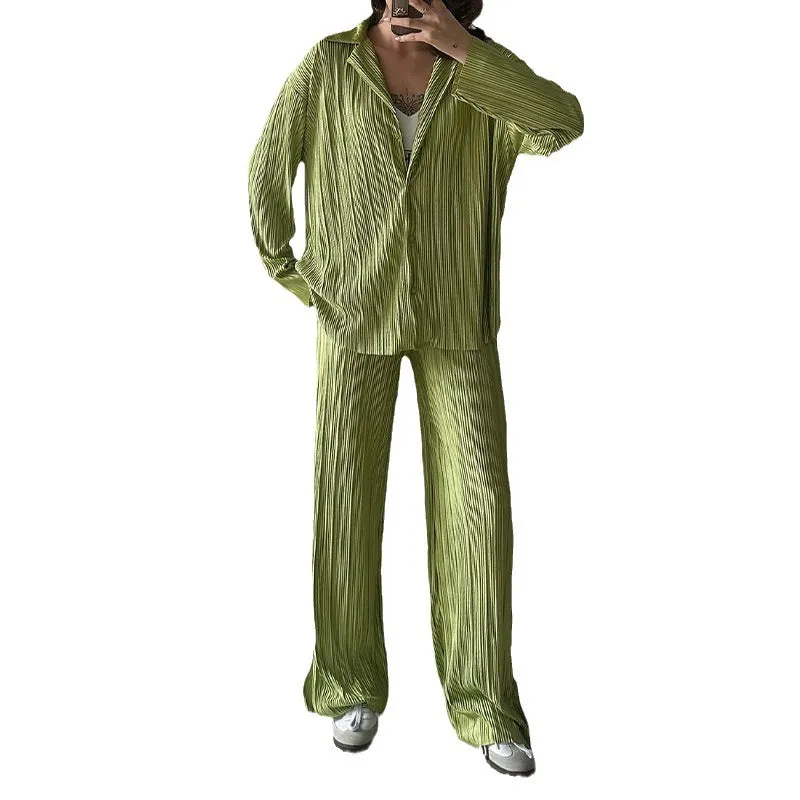 Amozae casual summer outfits Autumn New Shirt Lapel Pleated Suit Pants High Waist Casual Comfortable Suit