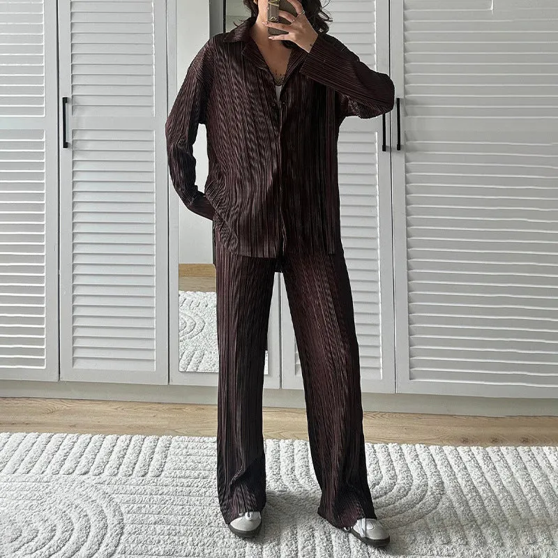 Amozae casual summer outfits Autumn New Shirt Lapel Pleated Suit Pants High Waist Casual Comfortable Suit