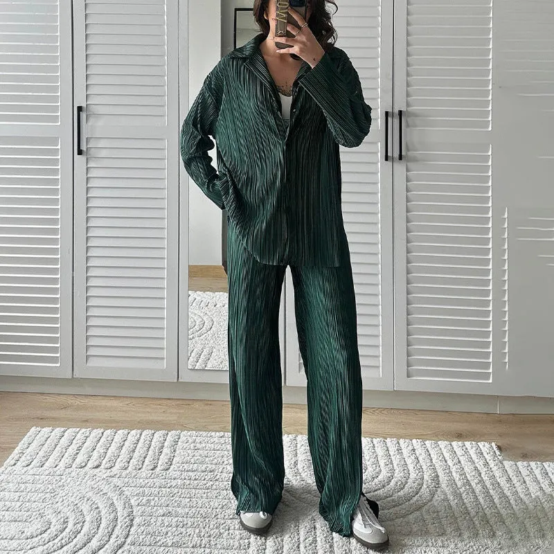 Amozae casual summer outfits Autumn New Shirt Lapel Pleated Suit Pants High Waist Casual Comfortable Suit