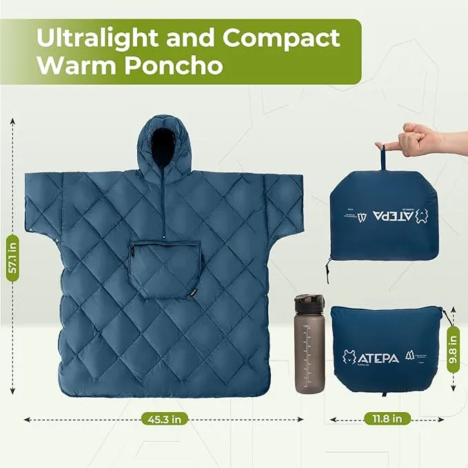 ATEPA Blanket Poncho Hooded Ultralight Water-Resisitant Warm Wearable Blanket Sleeping Bag Coat Cloak Camping Blanket