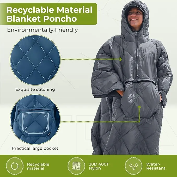 ATEPA Blanket Poncho Hooded Ultralight Water-Resisitant Warm Wearable Blanket Sleeping Bag Coat Cloak Camping Blanket