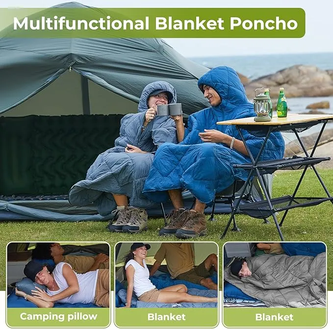 ATEPA Blanket Poncho Hooded Ultralight Water-Resisitant Warm Wearable Blanket Sleeping Bag Coat Cloak Camping Blanket