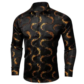 Barry.wang Men's Shirt Black Golden Floral Silk Floral Button Up Shirt