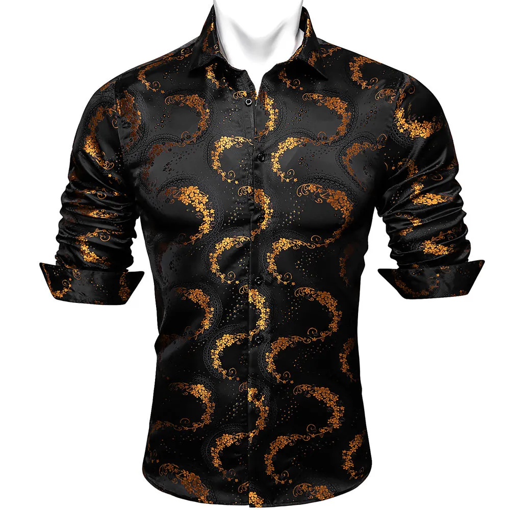 Barry.wang Men's Shirt Black Golden Floral Silk Floral Button Up Shirt
