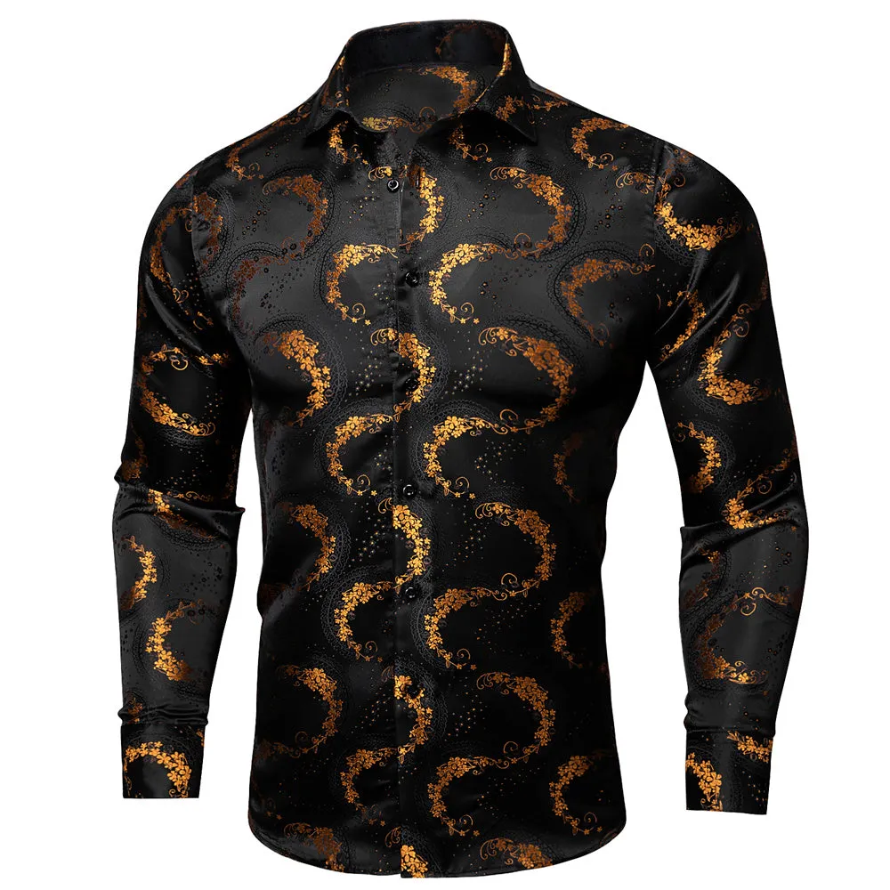 Barry.wang Men's Shirt Black Golden Floral Silk Floral Button Up Shirt