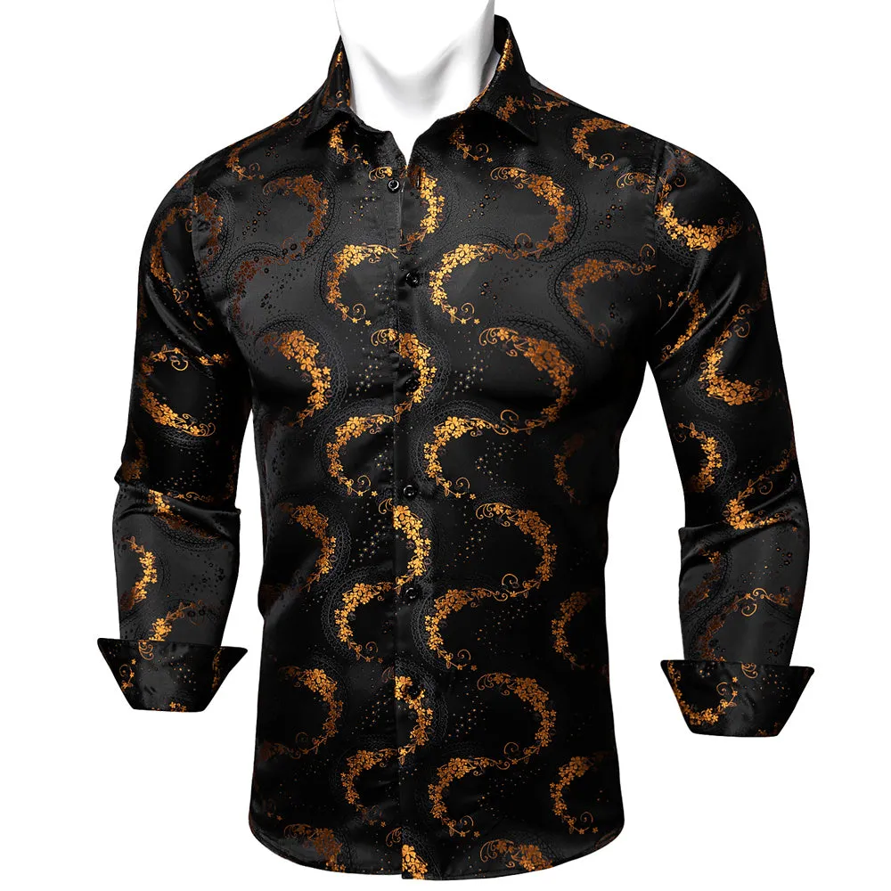 Barry.wang Men's Shirt Black Golden Floral Silk Floral Button Up Shirt