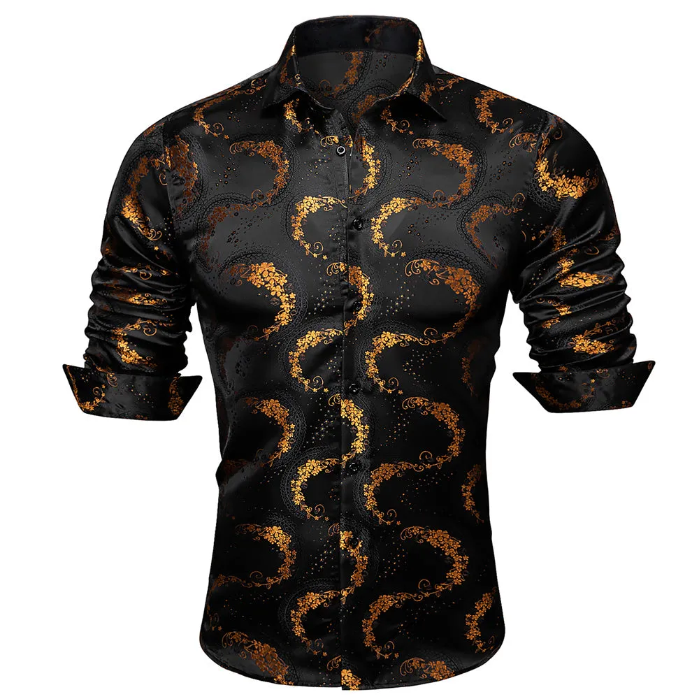 Barry.wang Men's Shirt Black Golden Floral Silk Floral Button Up Shirt