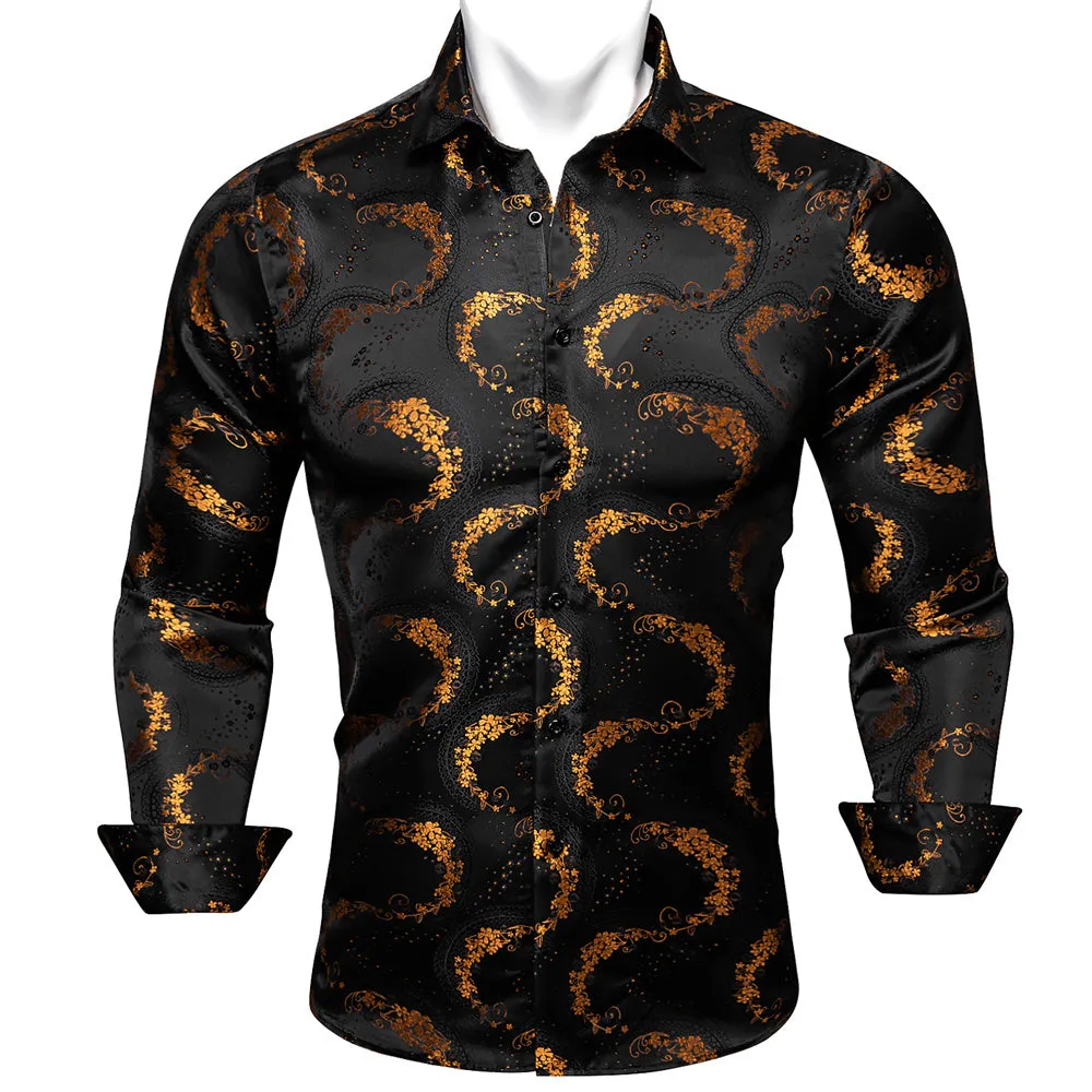 Barry.wang Men's Shirt Black Golden Floral Silk Floral Button Up Shirt