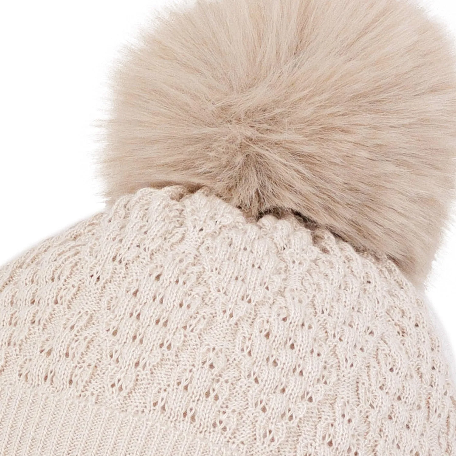 Beige Patterned Pom Hat