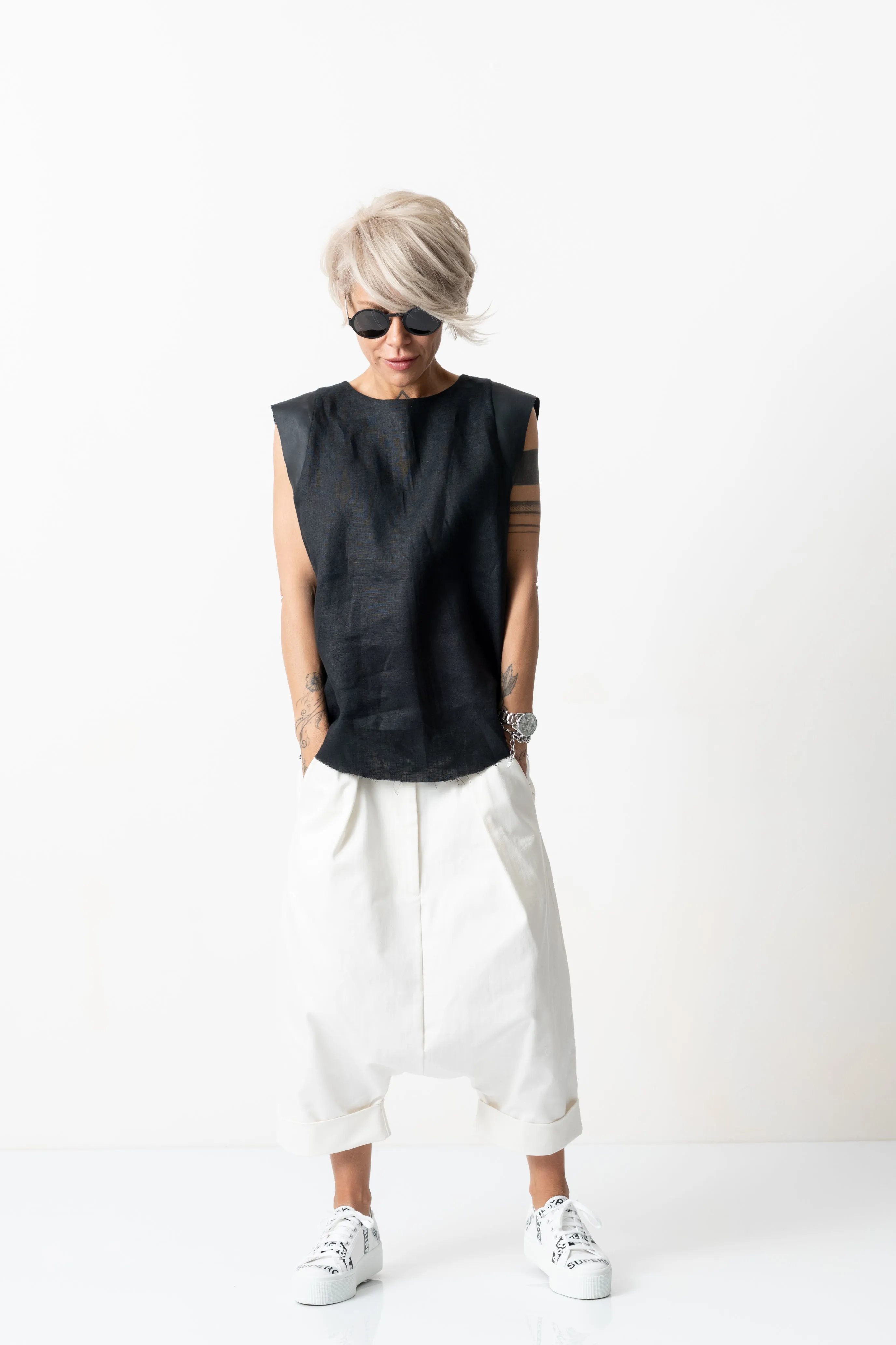 Black Linen Leatherette Tank Top with Open Back