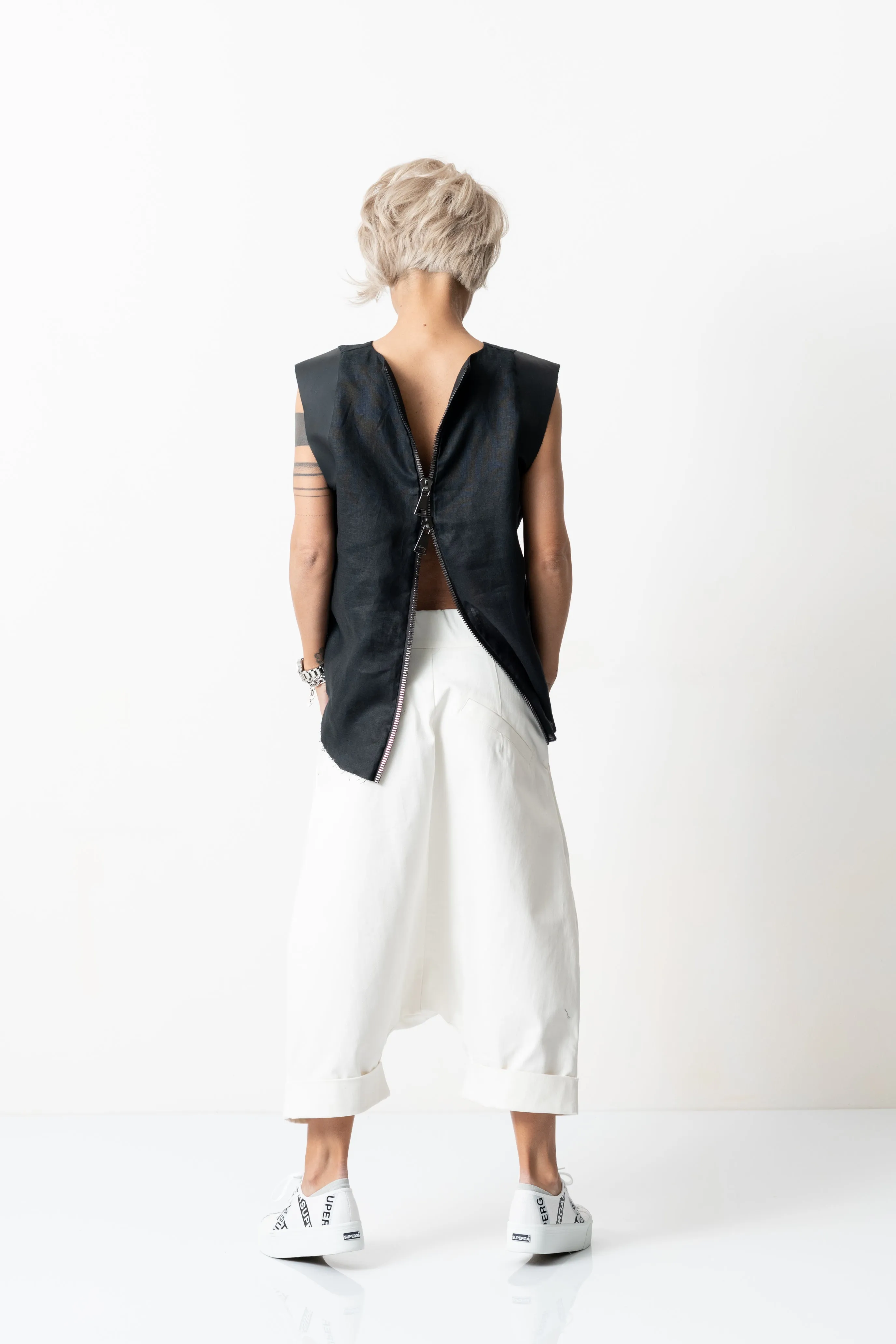 Black Linen Leatherette Tank Top with Open Back