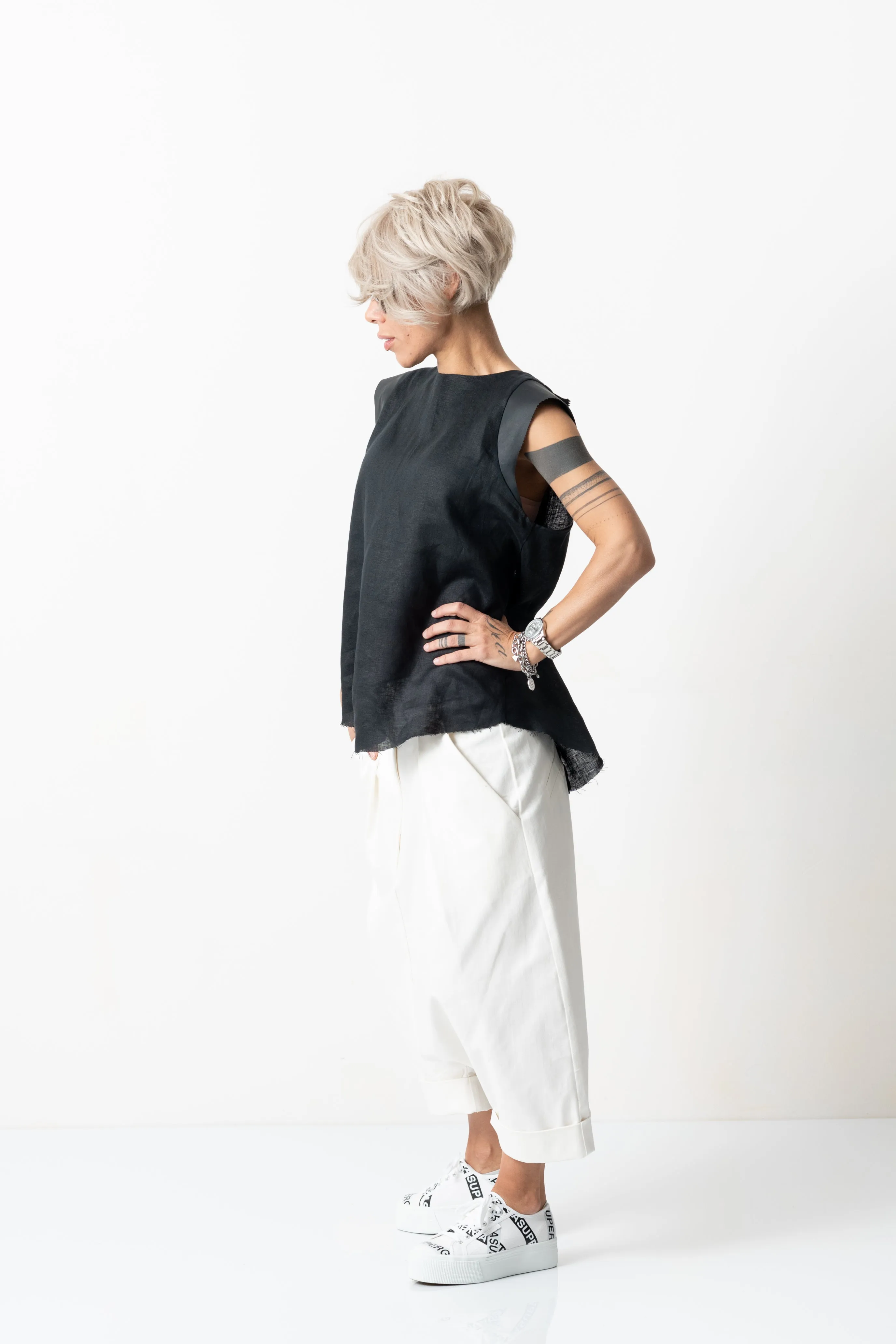 Black Linen Leatherette Tank Top with Open Back
