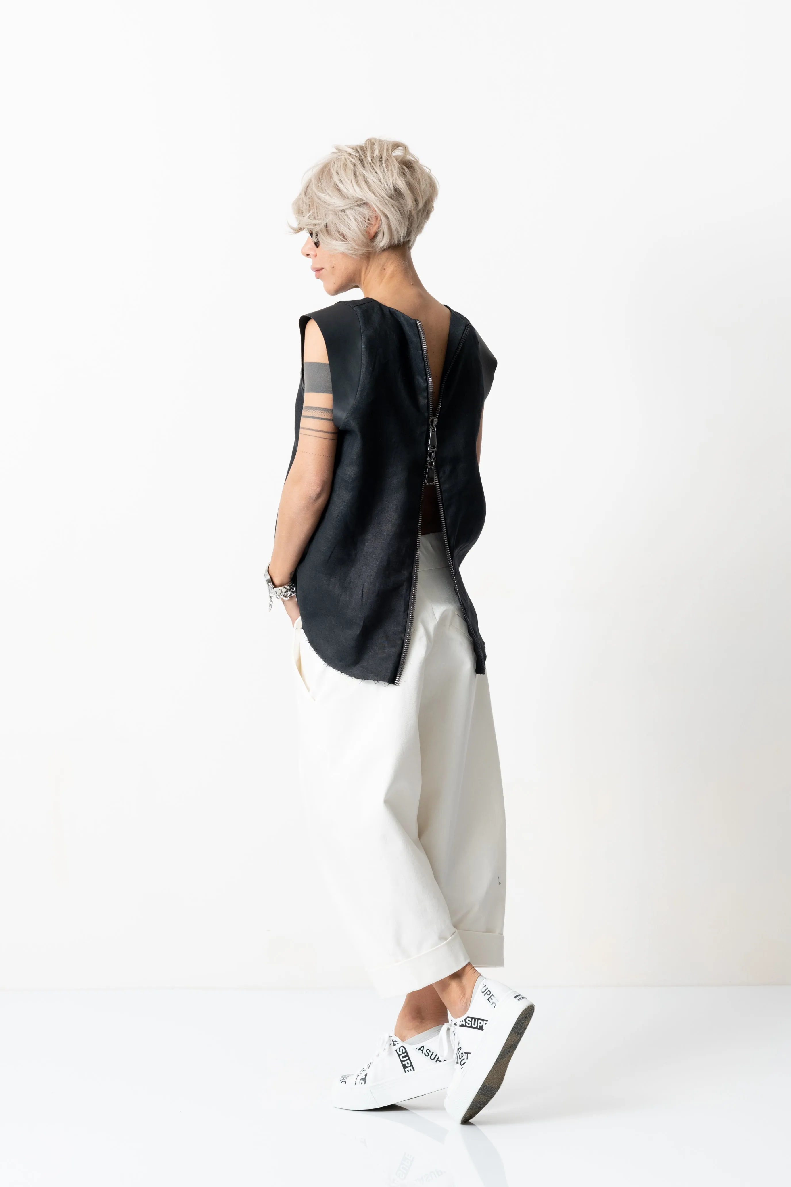Black Linen Leatherette Tank Top with Open Back