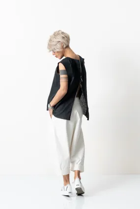 Black Linen Leatherette Tank Top with Open Back