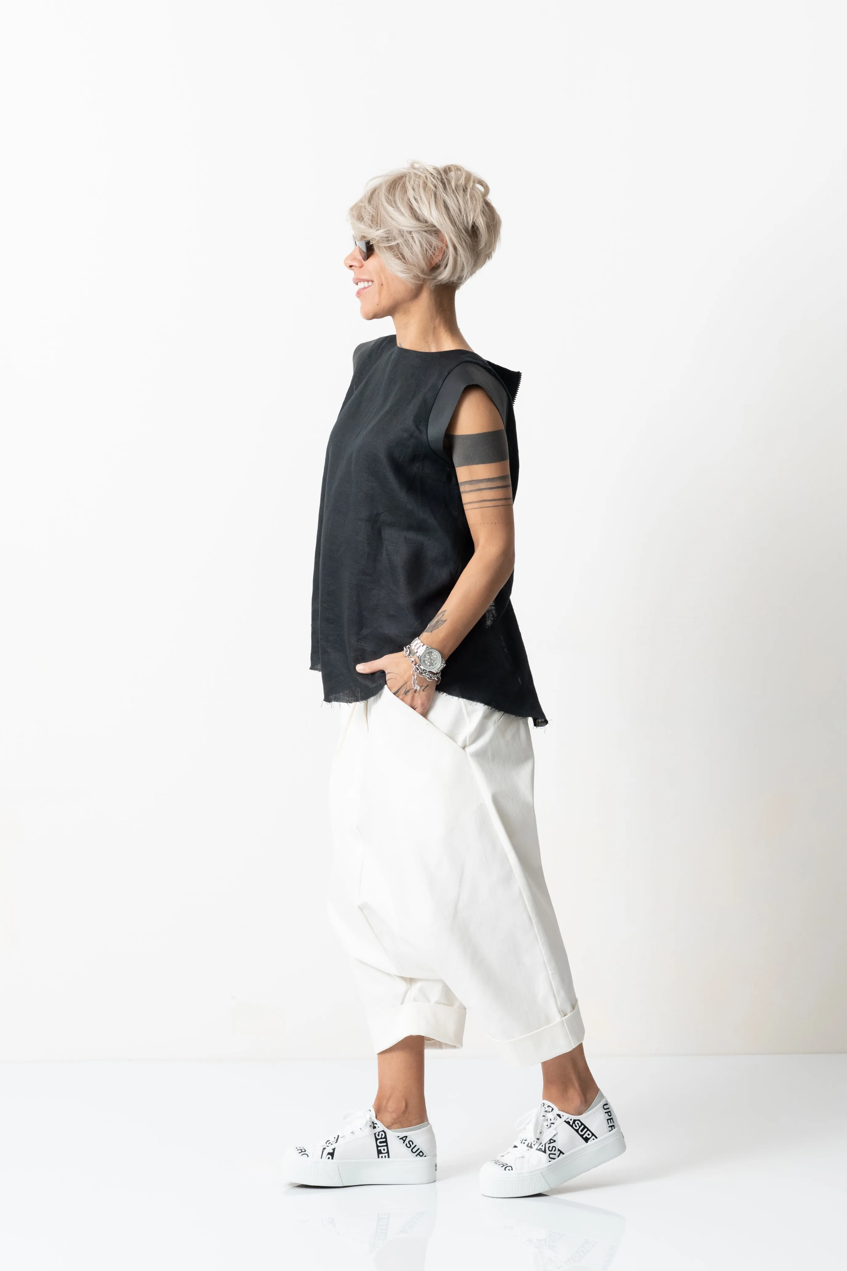 Black Linen Leatherette Tank Top with Open Back