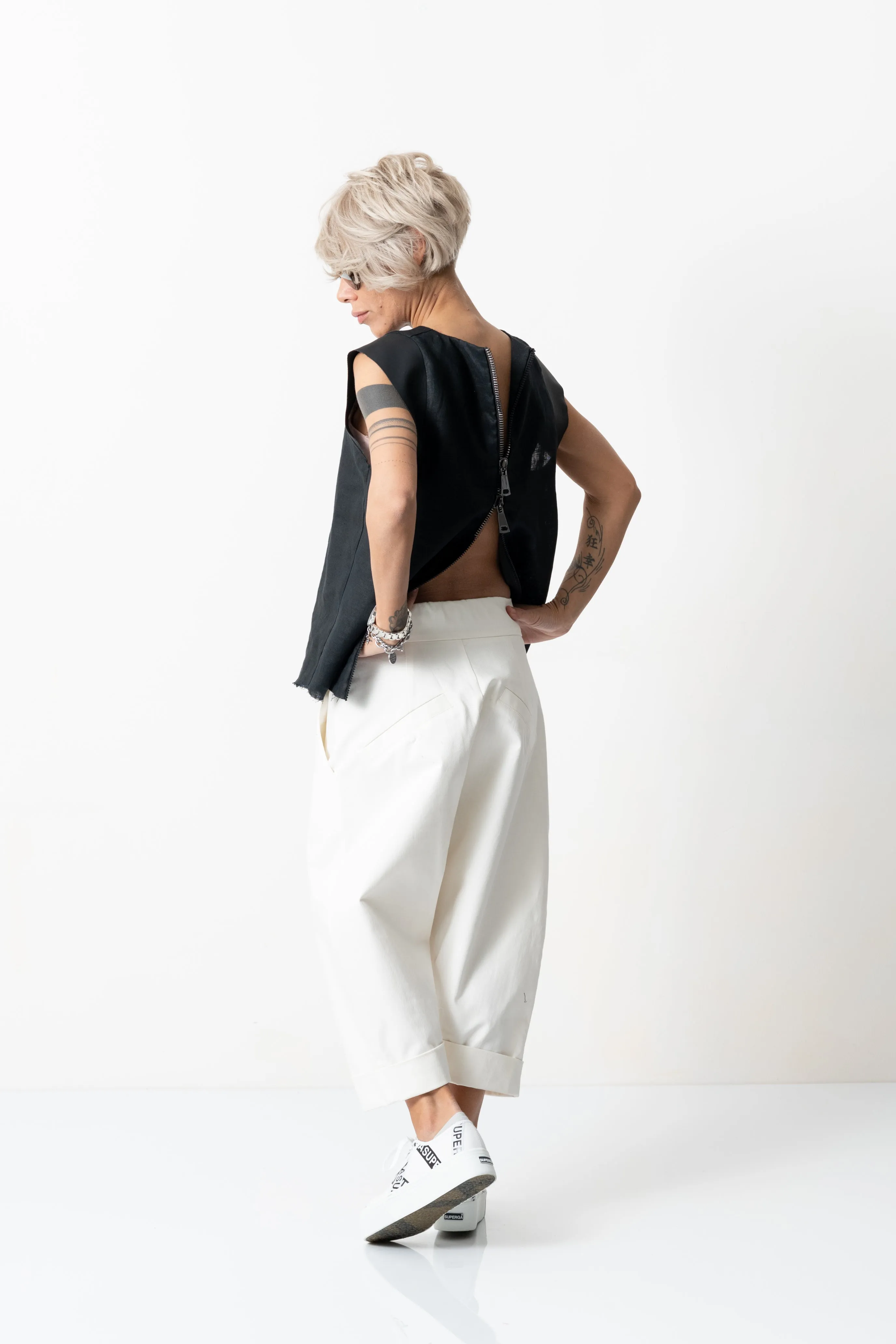 Black Linen Leatherette Tank Top with Open Back