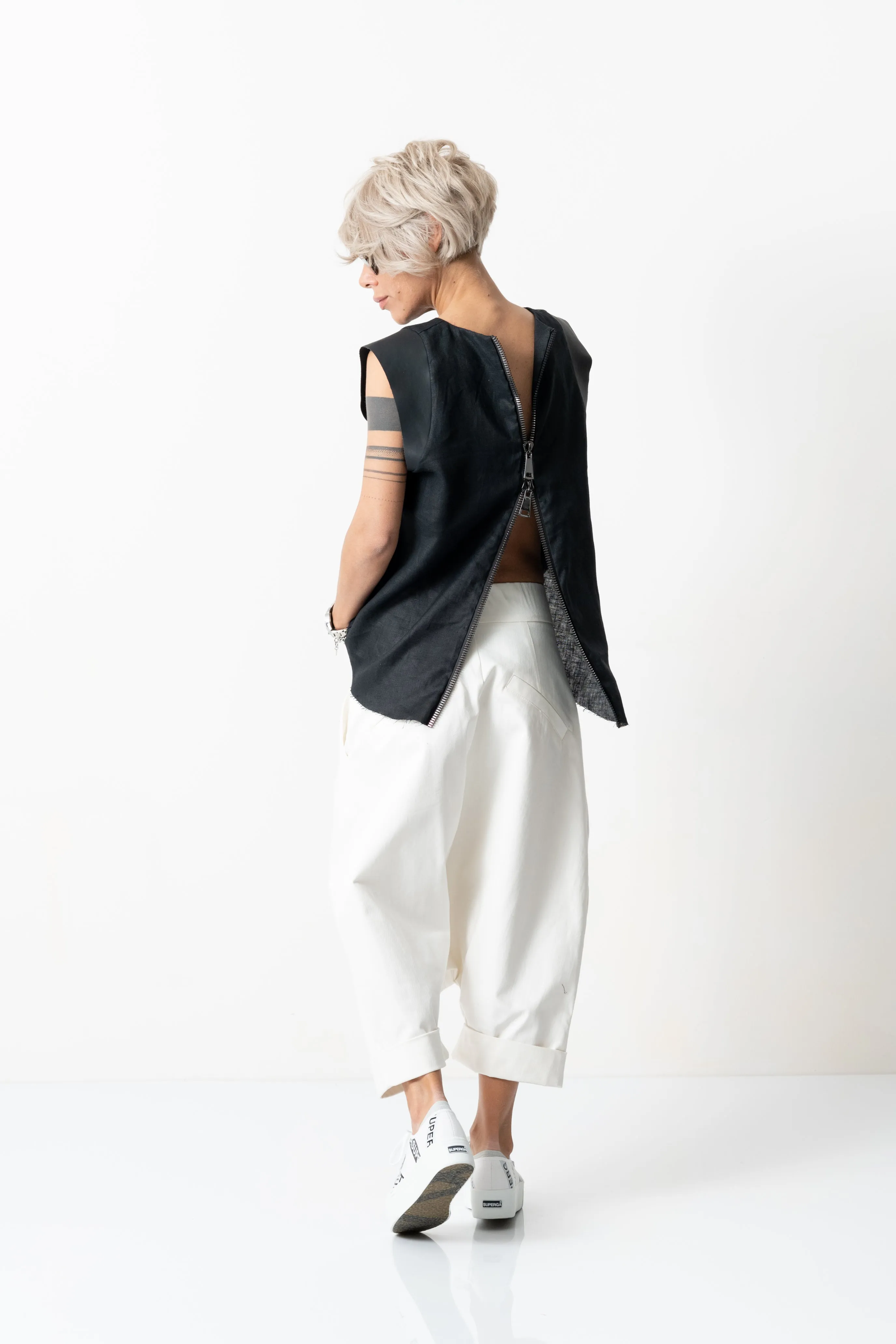 Black Linen Leatherette Tank Top with Open Back