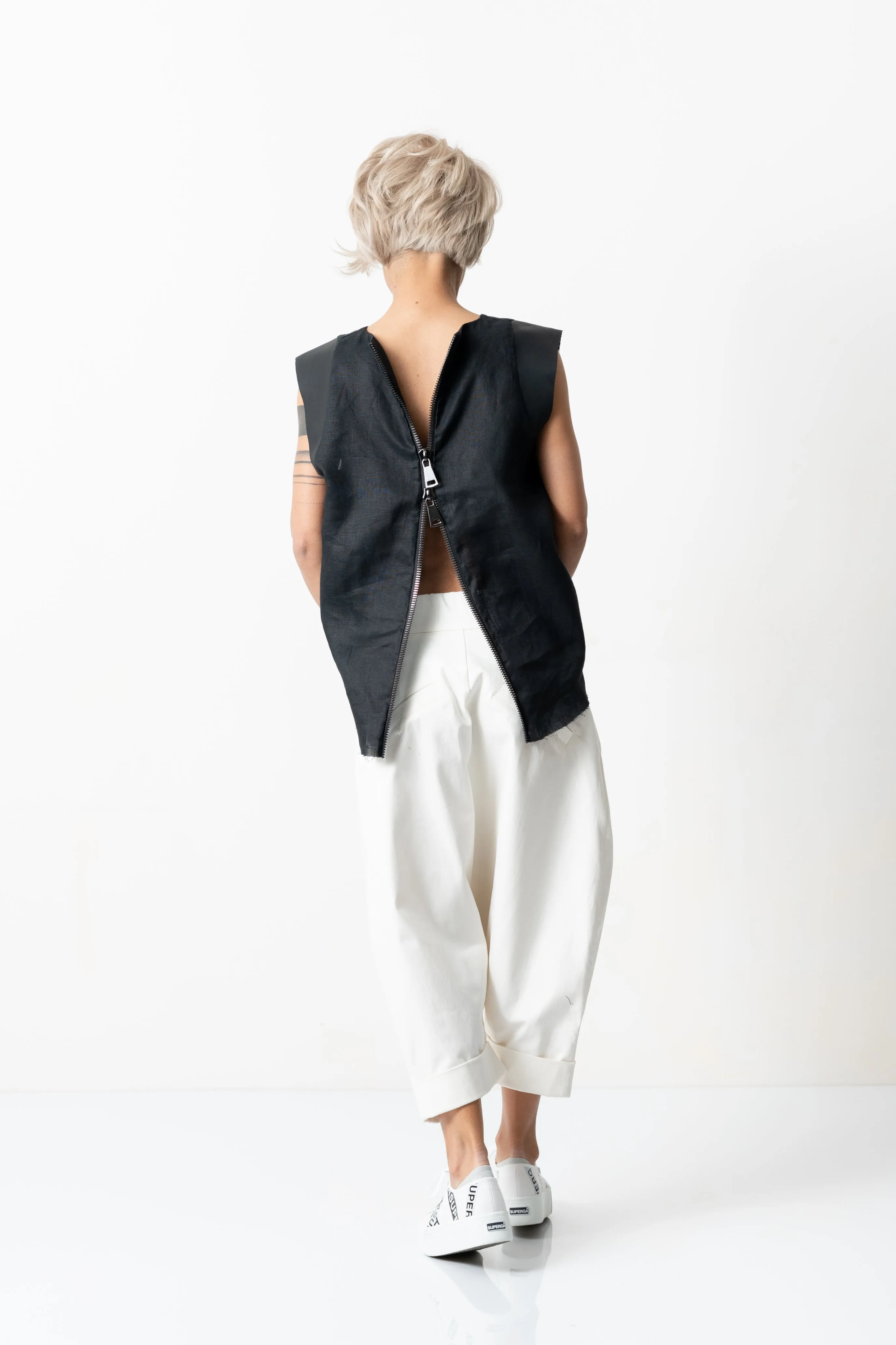 Black Linen Leatherette Tank Top with Open Back