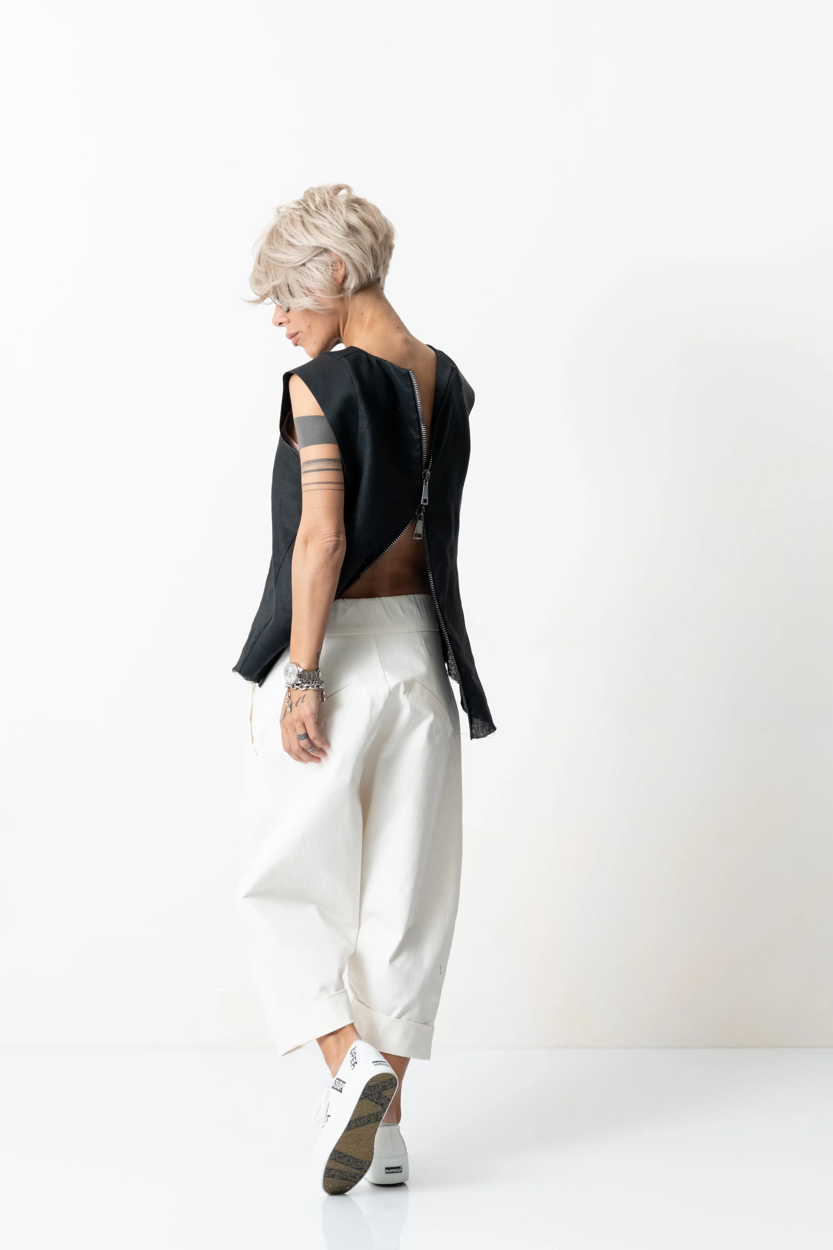 Black Linen Leatherette Tank Top with Open Back