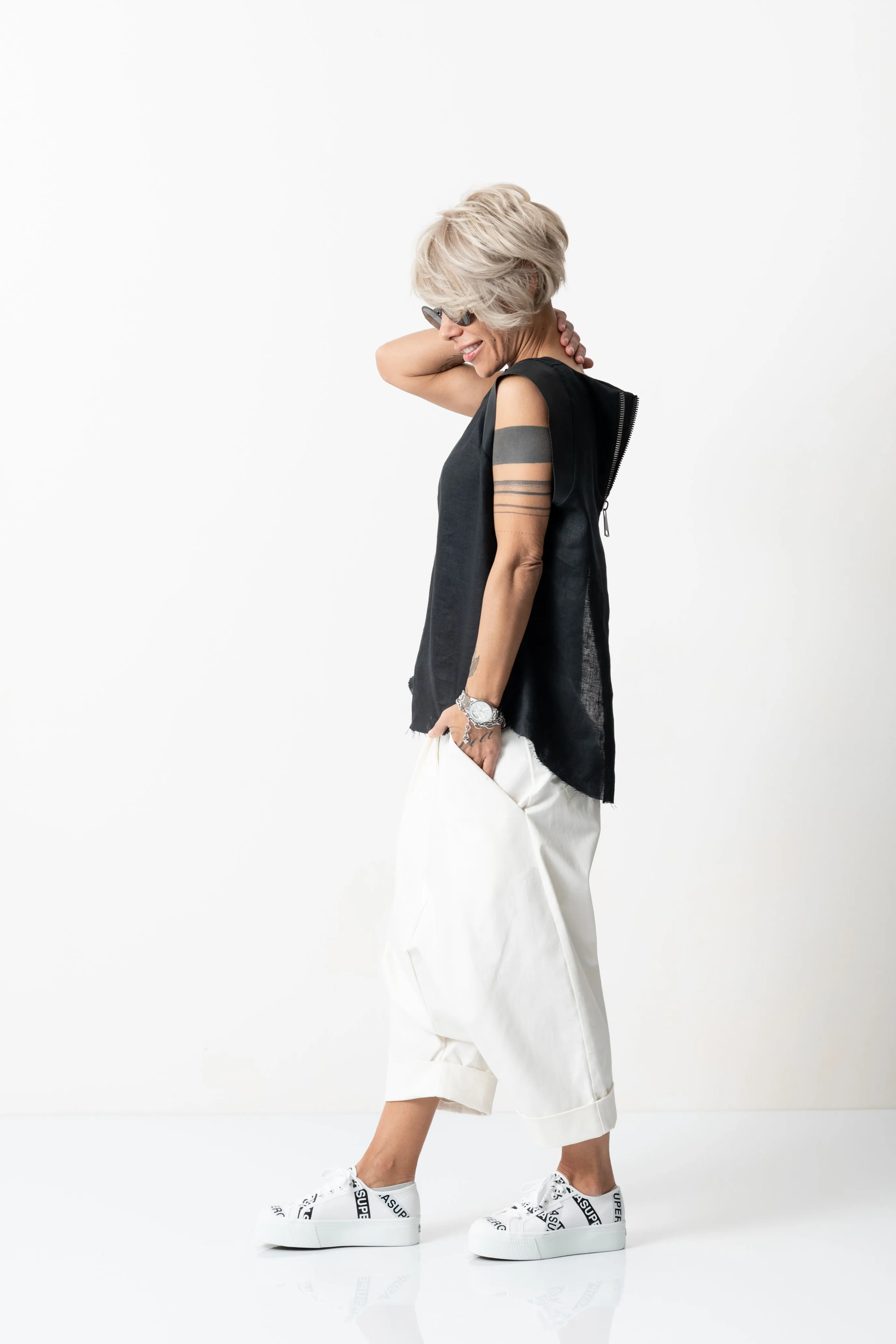 Black Linen Leatherette Tank Top with Open Back