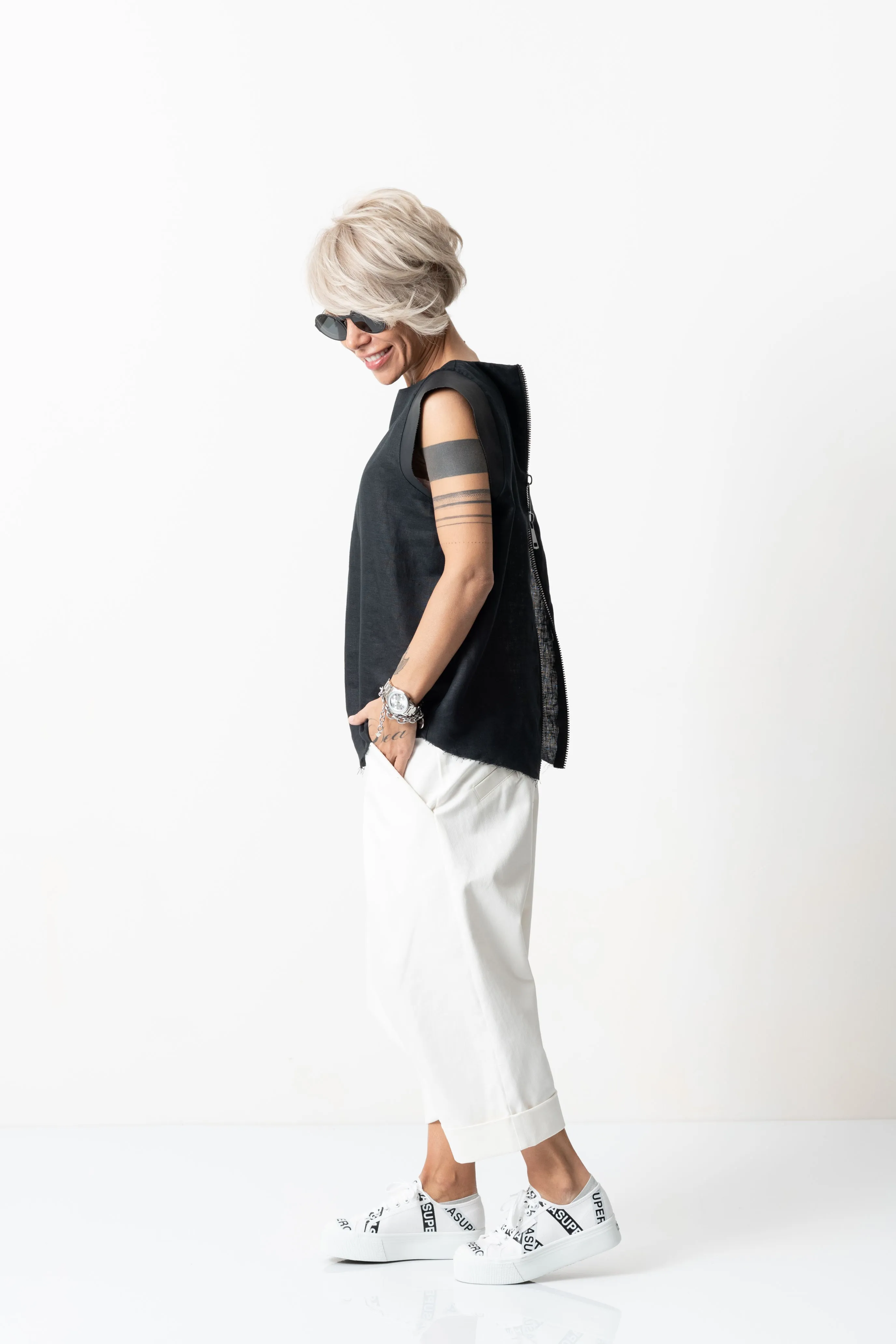 Black Linen Leatherette Tank Top with Open Back