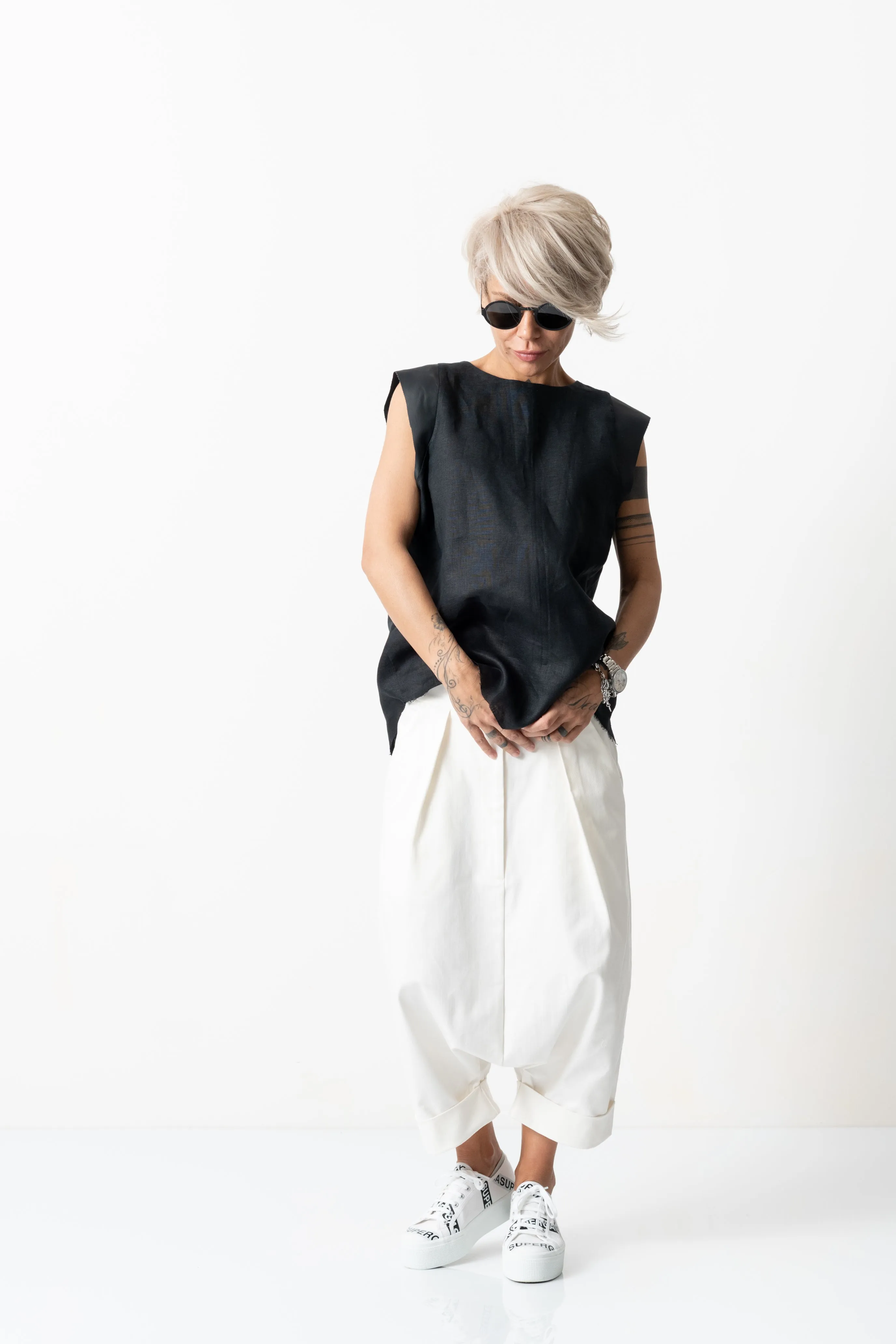 Black Linen Leatherette Tank Top with Open Back