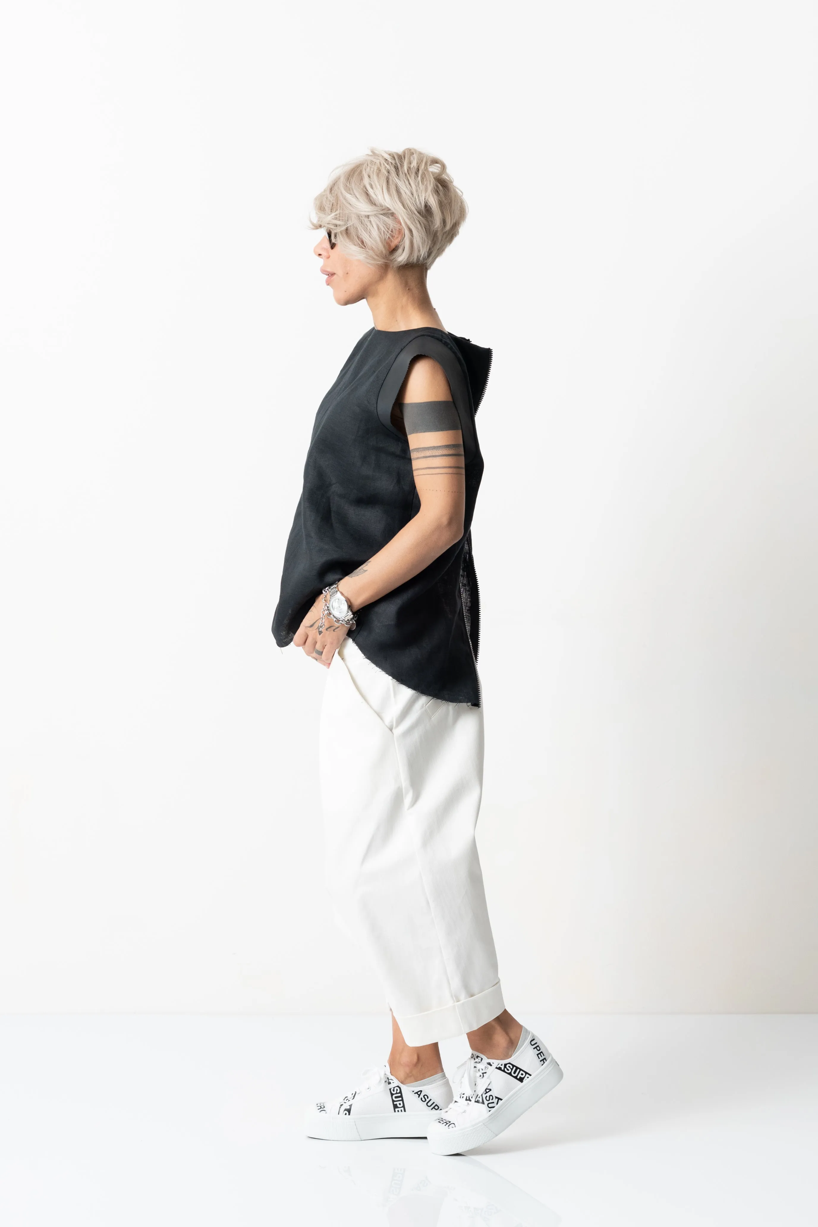 Black Linen Leatherette Tank Top with Open Back