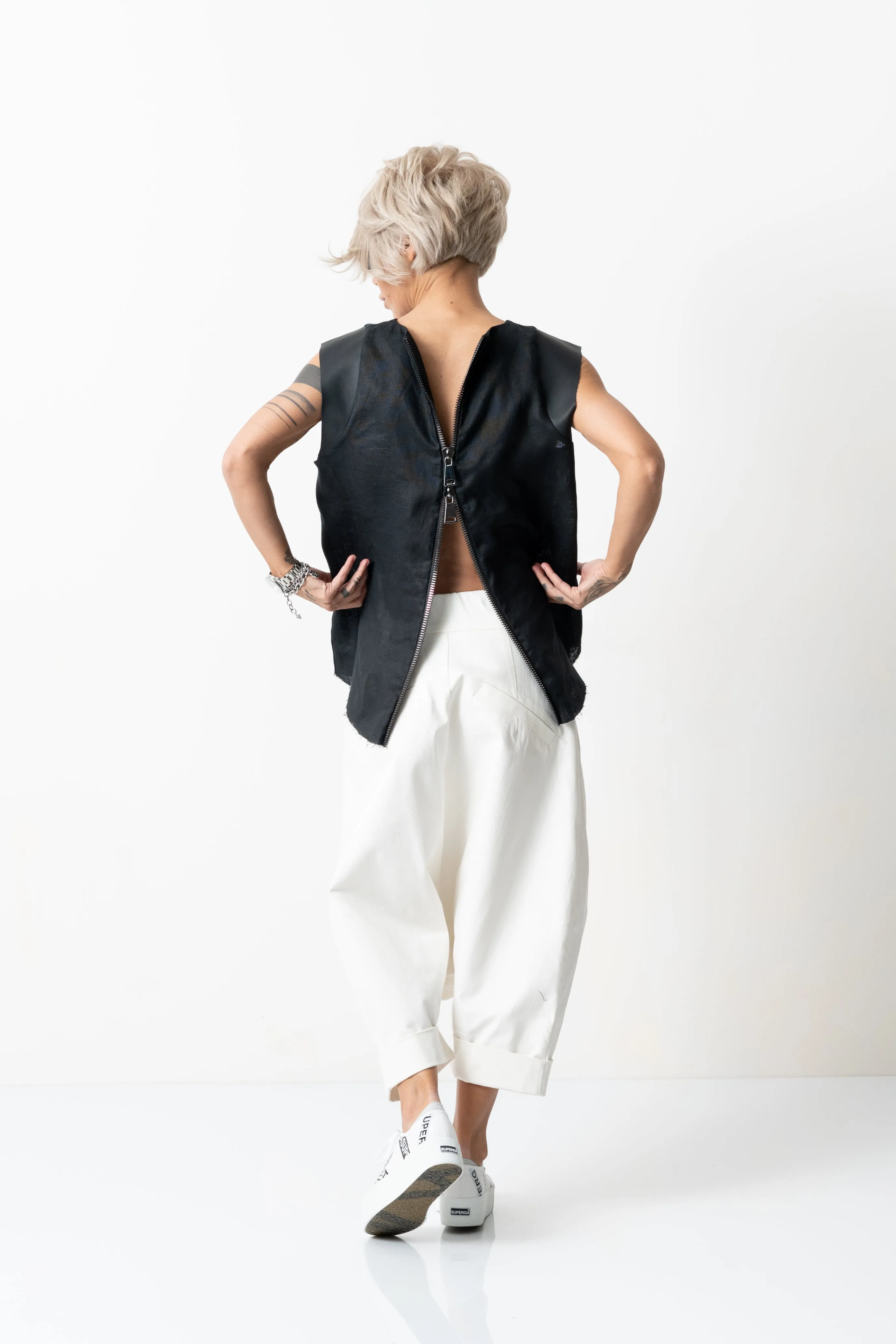Black Linen Leatherette Tank Top with Open Back