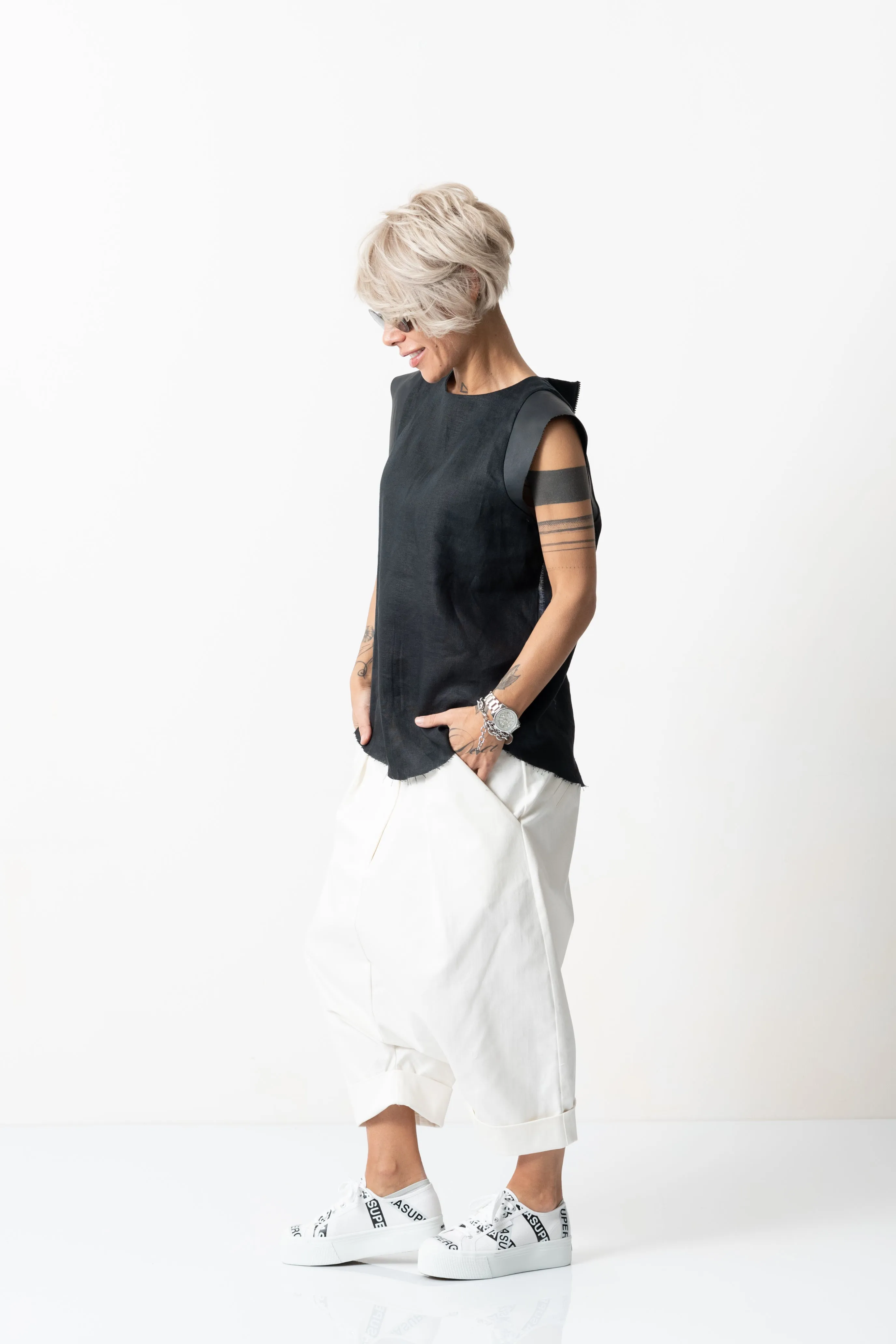 Black Linen Leatherette Tank Top with Open Back