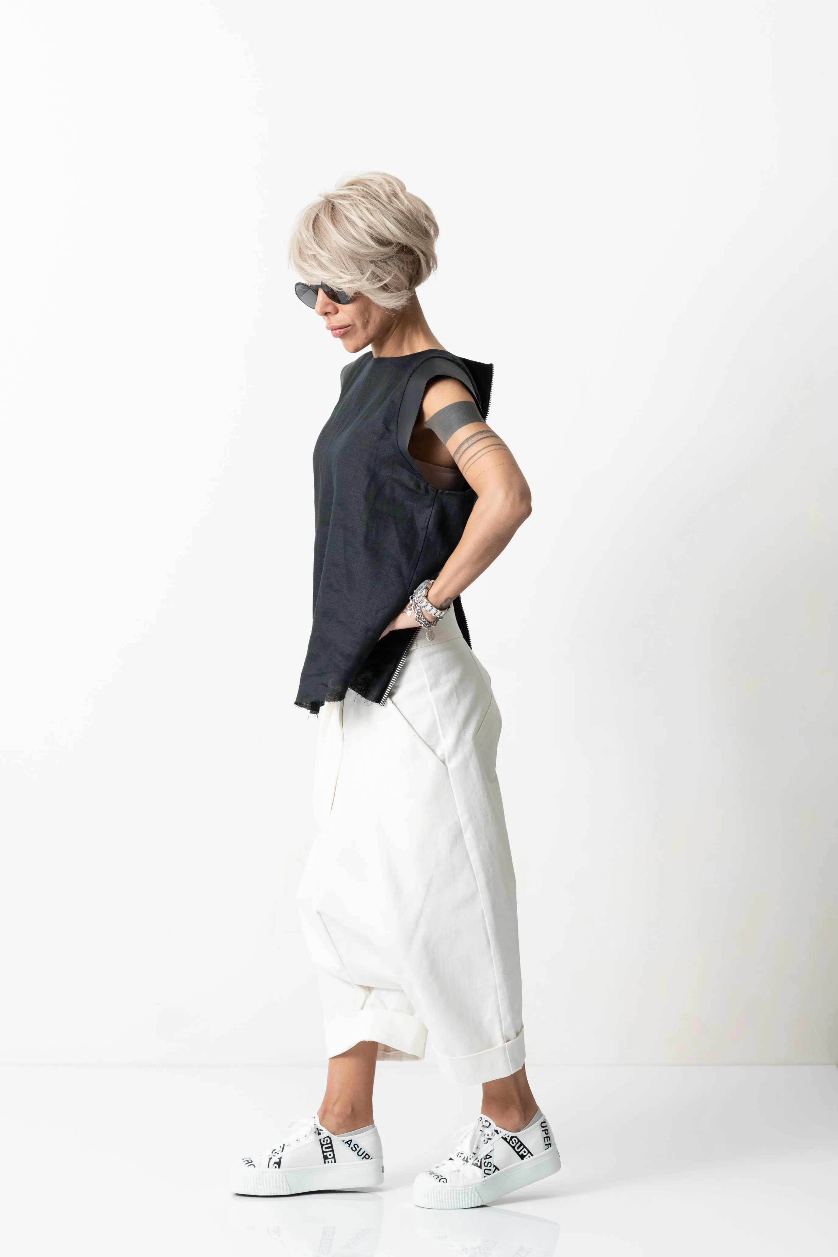 Black Linen Leatherette Tank Top with Open Back