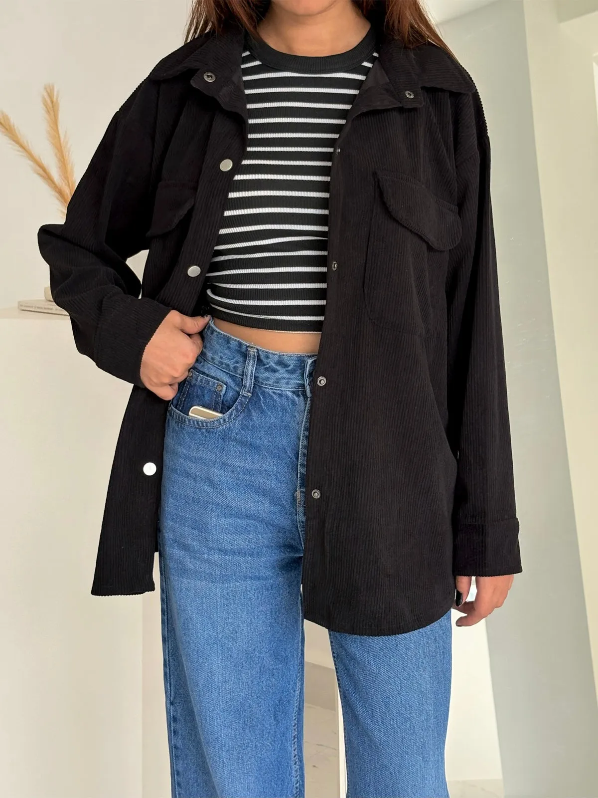Black Oversized Corduroy Shacket