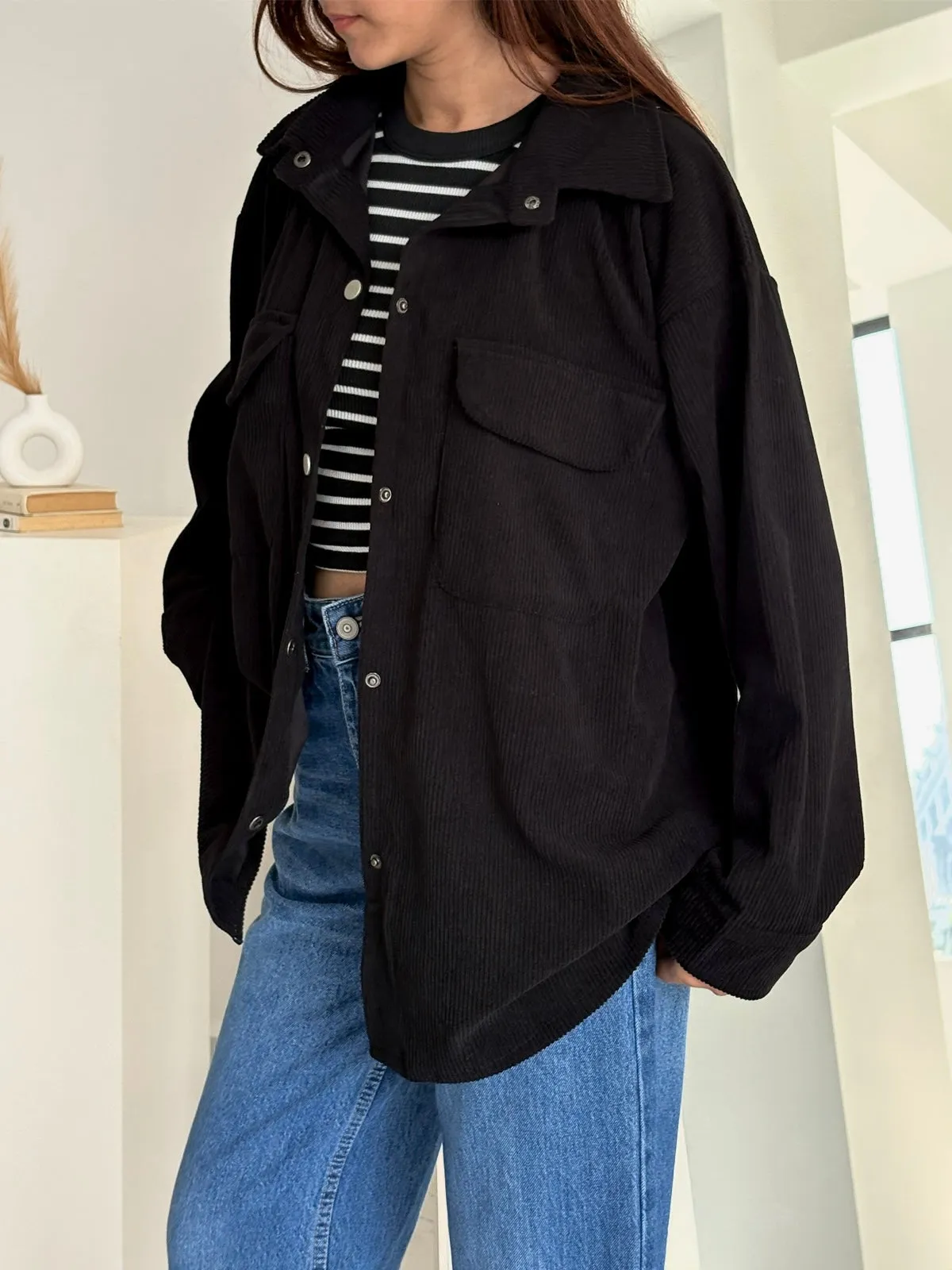Black Oversized Corduroy Shacket