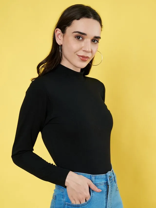 Black Solid High Neck Regular Top