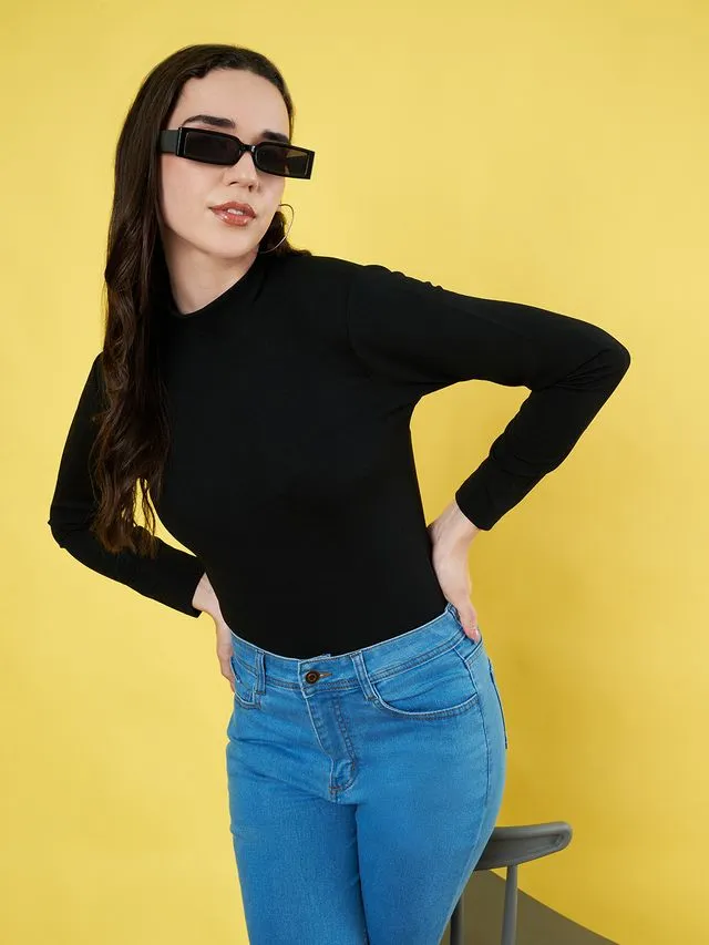 Black Solid High Neck Regular Top