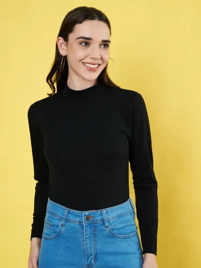 Black Solid High Neck Regular Top