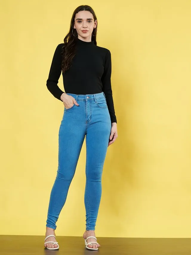 Black Solid High Neck Regular Top