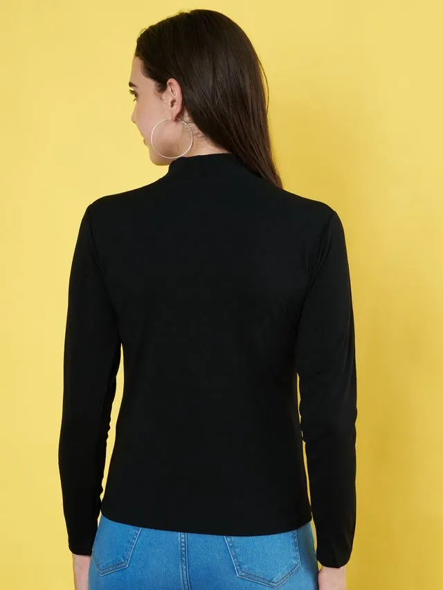Black Solid High Neck Regular Top