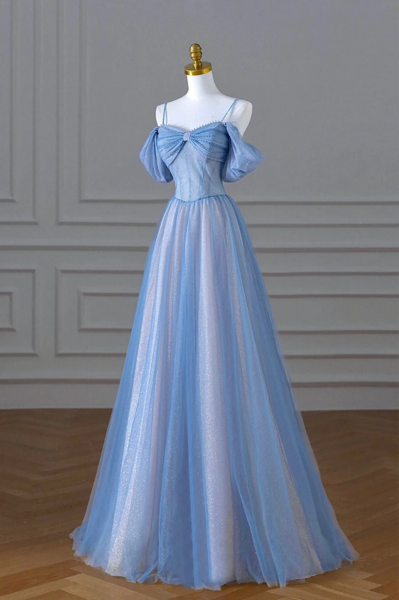 Blue Spaghetti Strap Tulle Long Prom Dress, Beautiful A-Line Evening Dress