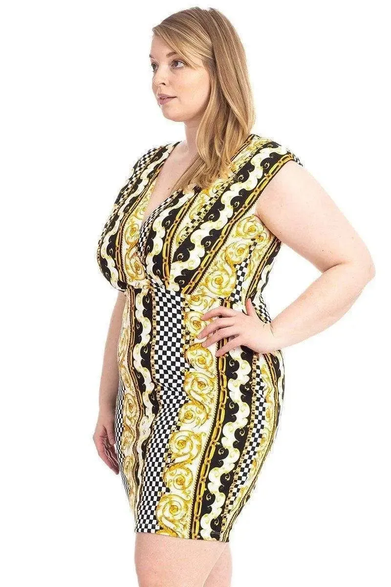 Blue Zone Planet |  Plus Size Border Print V-Neck Bodycon Dress